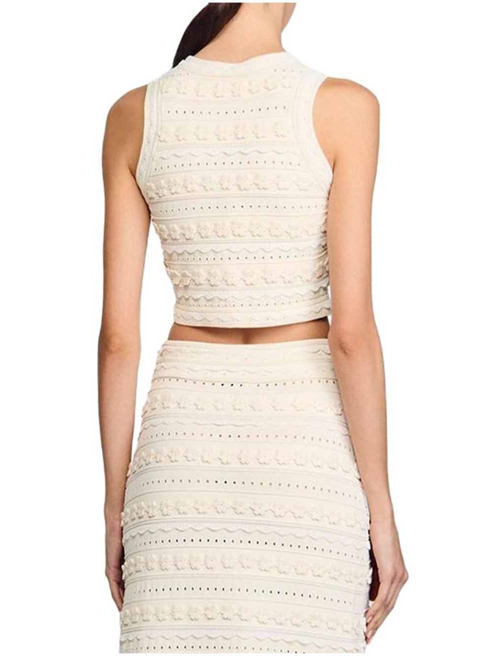 Sandro Sleeveless Cream Crochet Pearl-Button Crop Top - Picture 2 of 7
